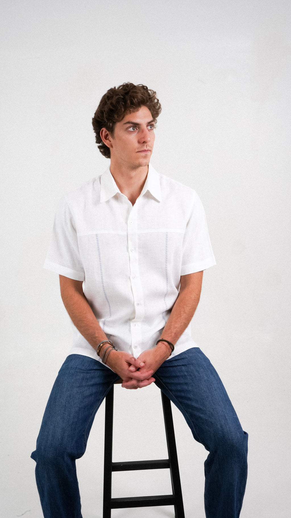 Camisa Creta - Blanco (Lino) Deshilado Azul